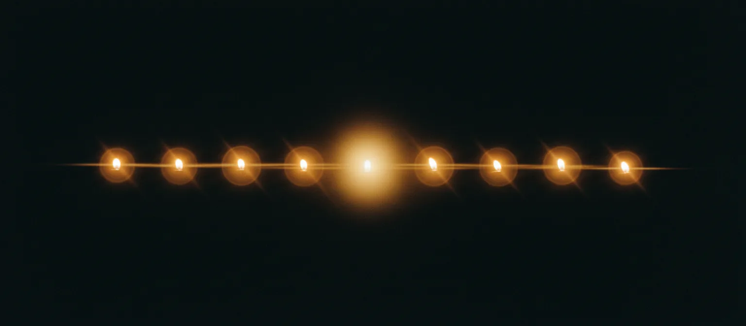 Eine Reihe kerzengoldener Lichter in tiefer Dunkelheit, eines davon größer und die übrigen umfangend.