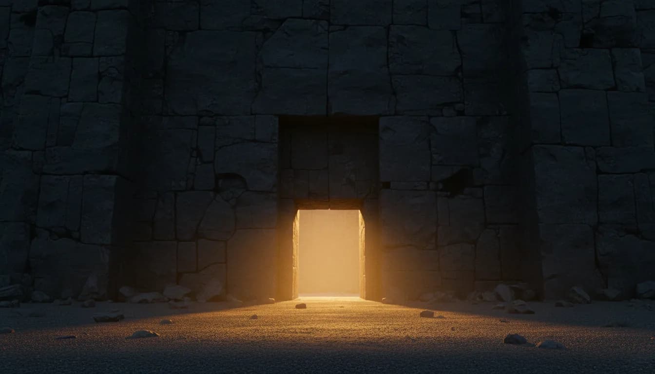 Eine dunkle Steinschwelle in einer alten Mauer, warmes Licht strömt von jenseits hindurch.