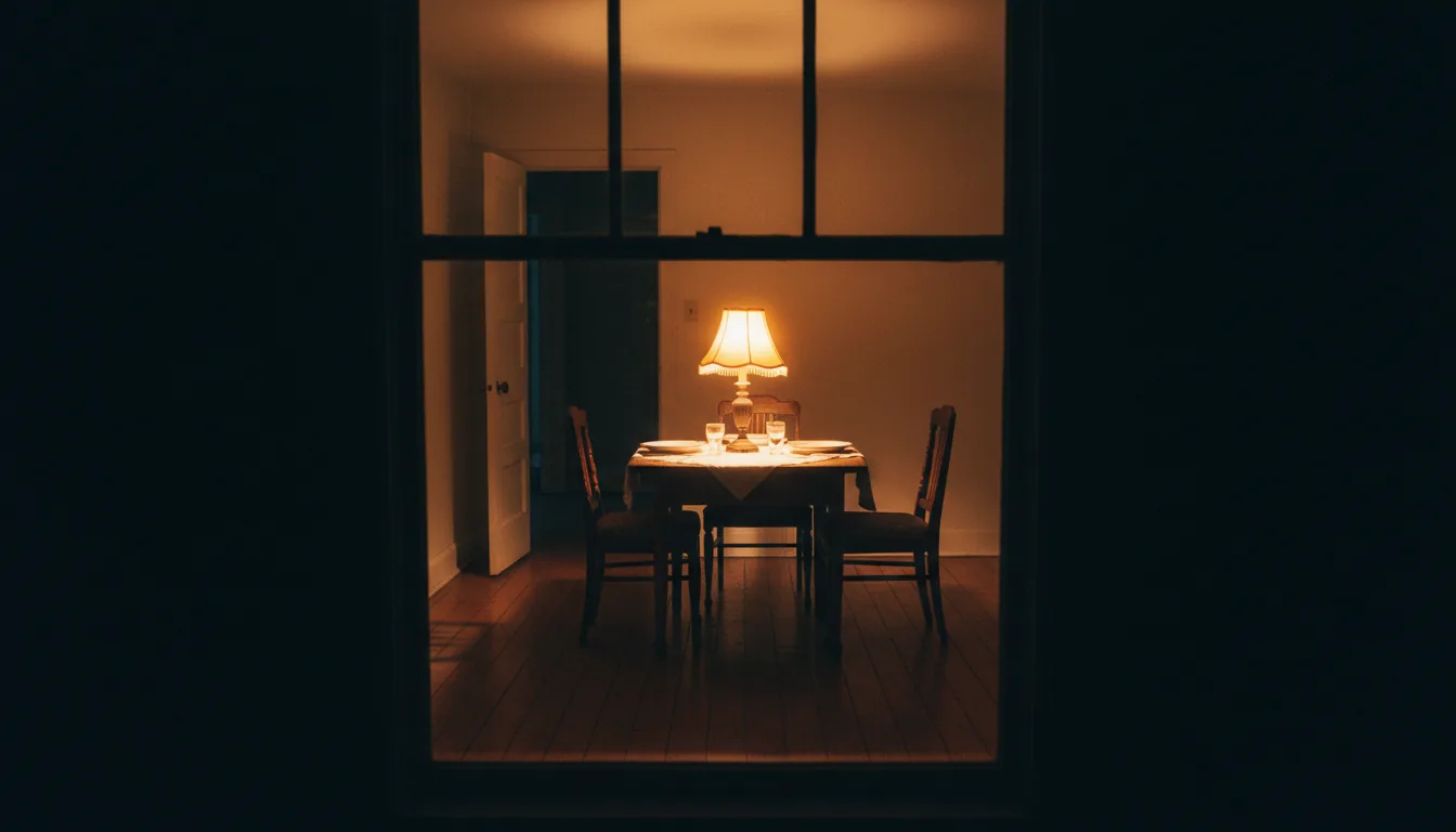 Une pièce simple éclairée, vue du dehors la nuit : une table mise, une lampe, et l'obscurité totale autour.