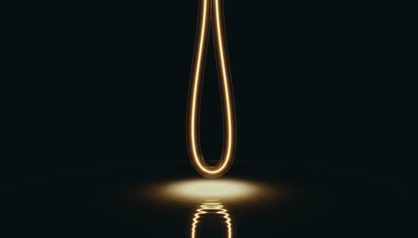 Eine Säule goldenen Lichts steigt auf eine dunkle Fläche herab, eine blassere steigt von ihr zurück auf.