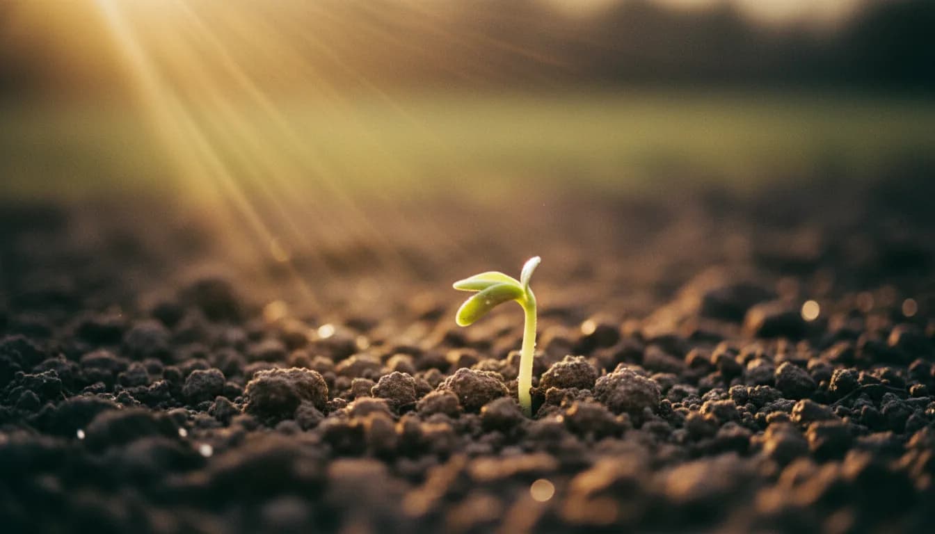 برعمٌ شاحبٌ واحدٌ يعلو من ترابٍ داكنٍ محروثٍ إلى شعاعٍ من نورٍ دافئ.
